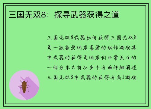 三国无双8：探寻武器获得之道
